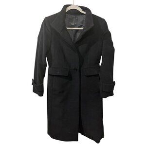 Talbots Womens Black Wool Blend Long Coat Size 6P With Button Front & Folded Cuf
